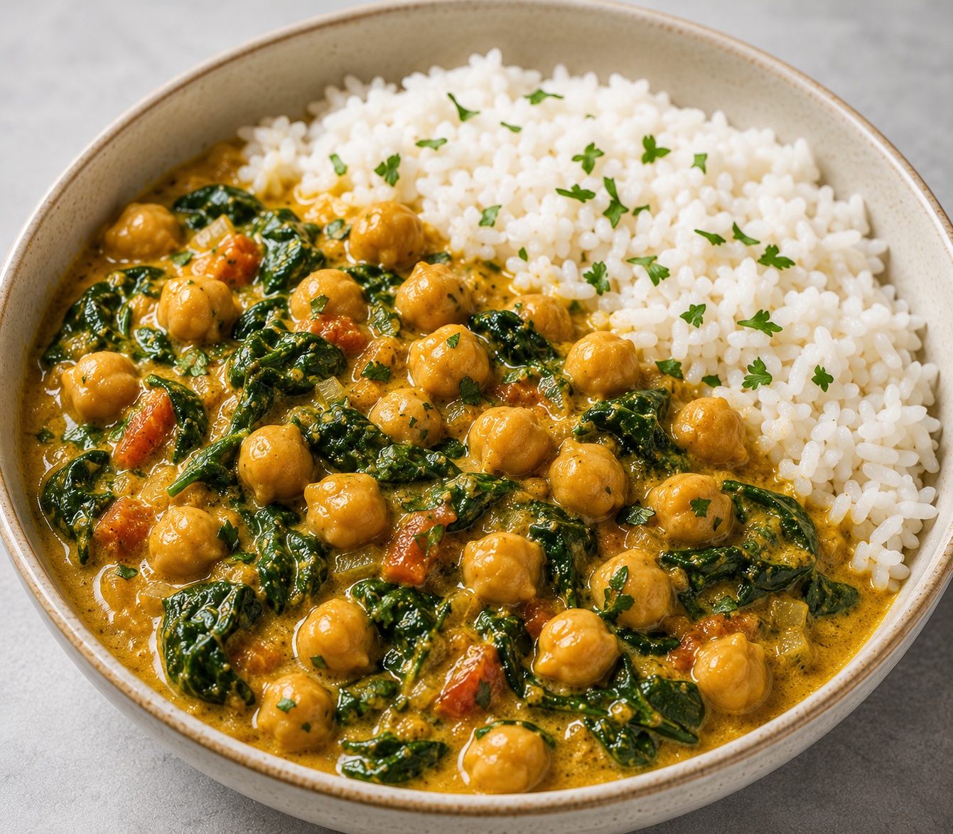 Recipe Name: Creamy Chickpea Spinach Curry Rice Bowl