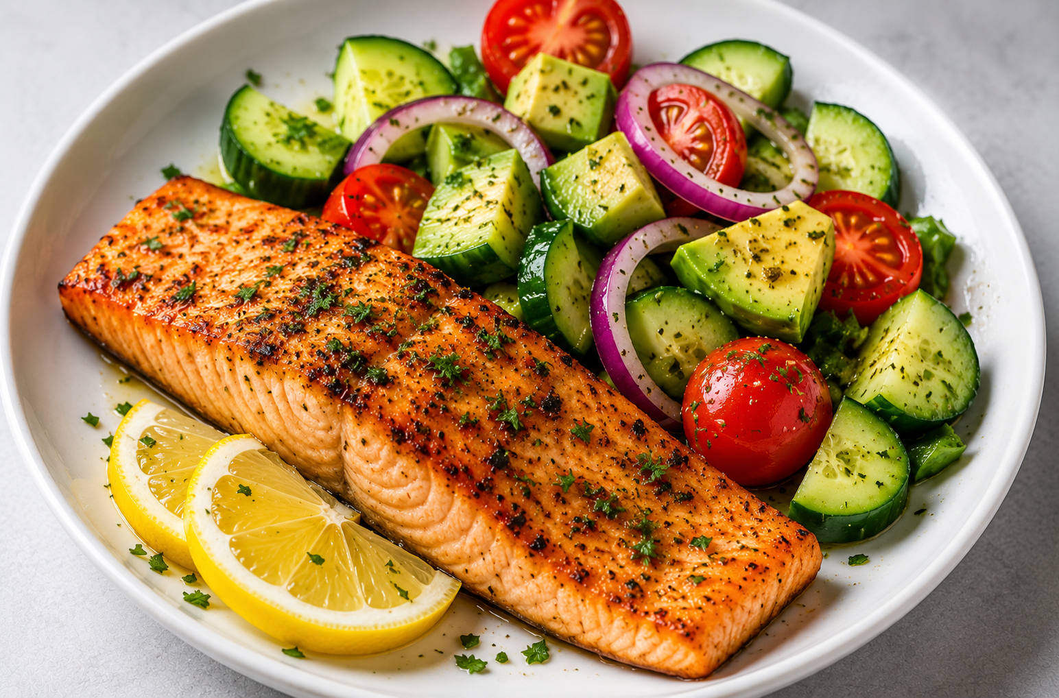 Recipe Name: Lemon Herb Salmon with Avocado Cucumber Salad