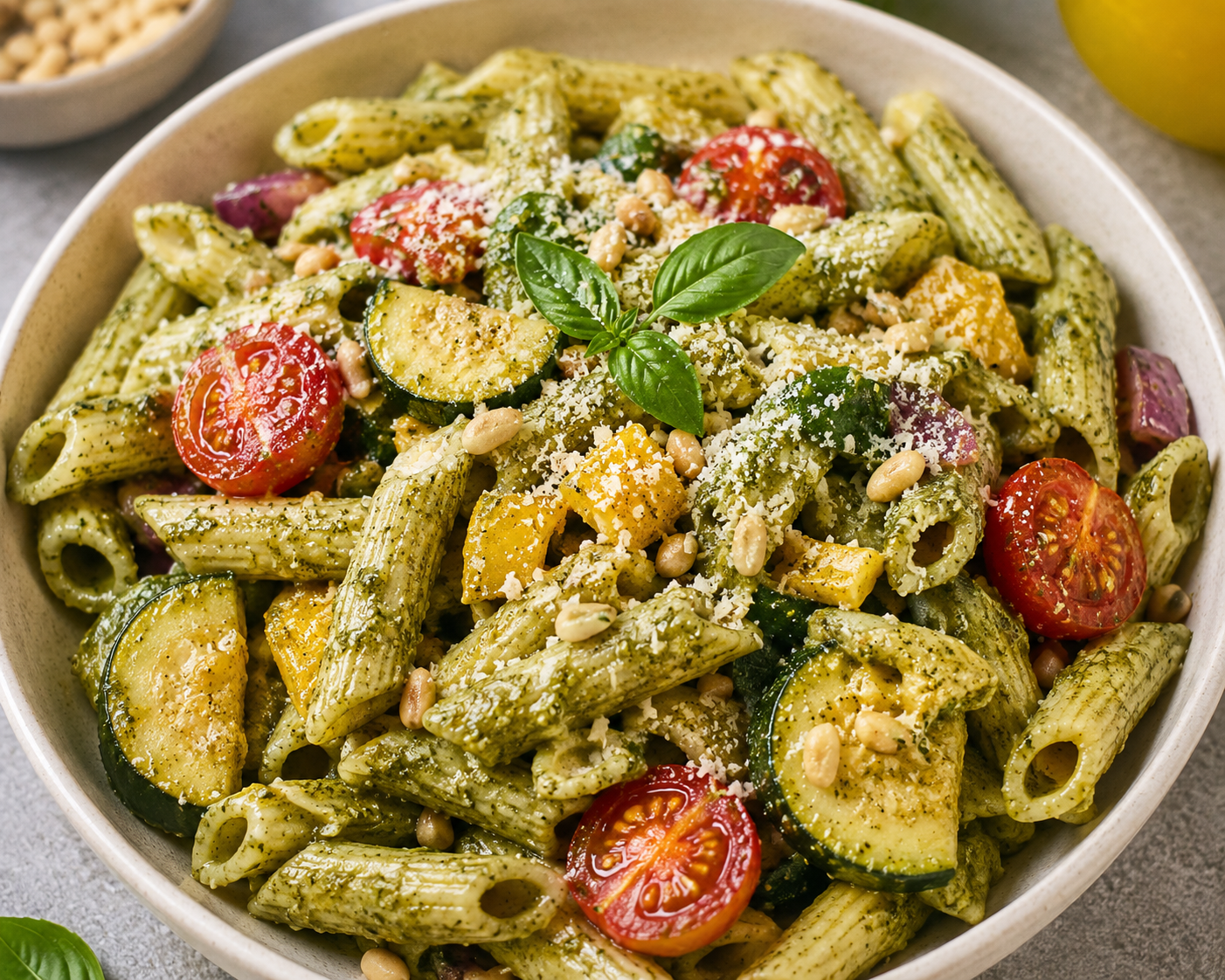 Recipe Name: Roasted Veggie Pesto Whole Wheat Pasta
