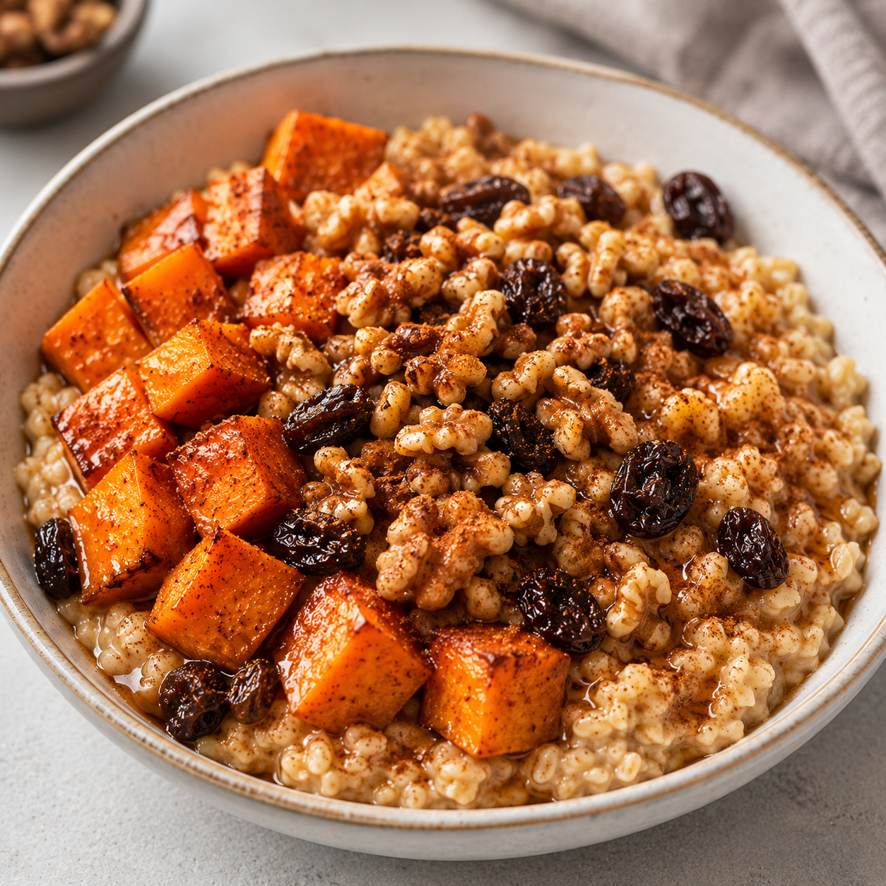 Recipe Name: Cinnamon Raisin Sweet Potato Breakfast Bowl